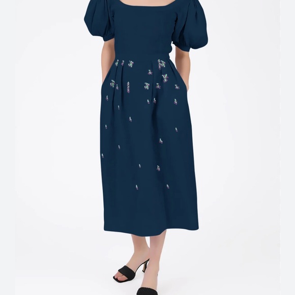 Linen Navy Blue Puff Short Sleeve Dress - Picture 1 of 6